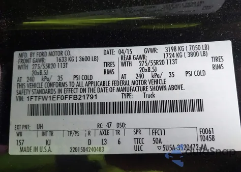 2015 Ford F-150 King Ranch from USA, damaged, VIN 1FTFW1EF0FFB21791